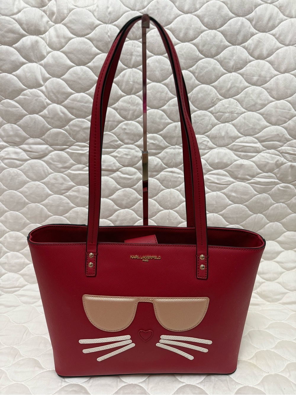 Karl Lagerfeld Large Red Tote with Cat Sunglasses Motif